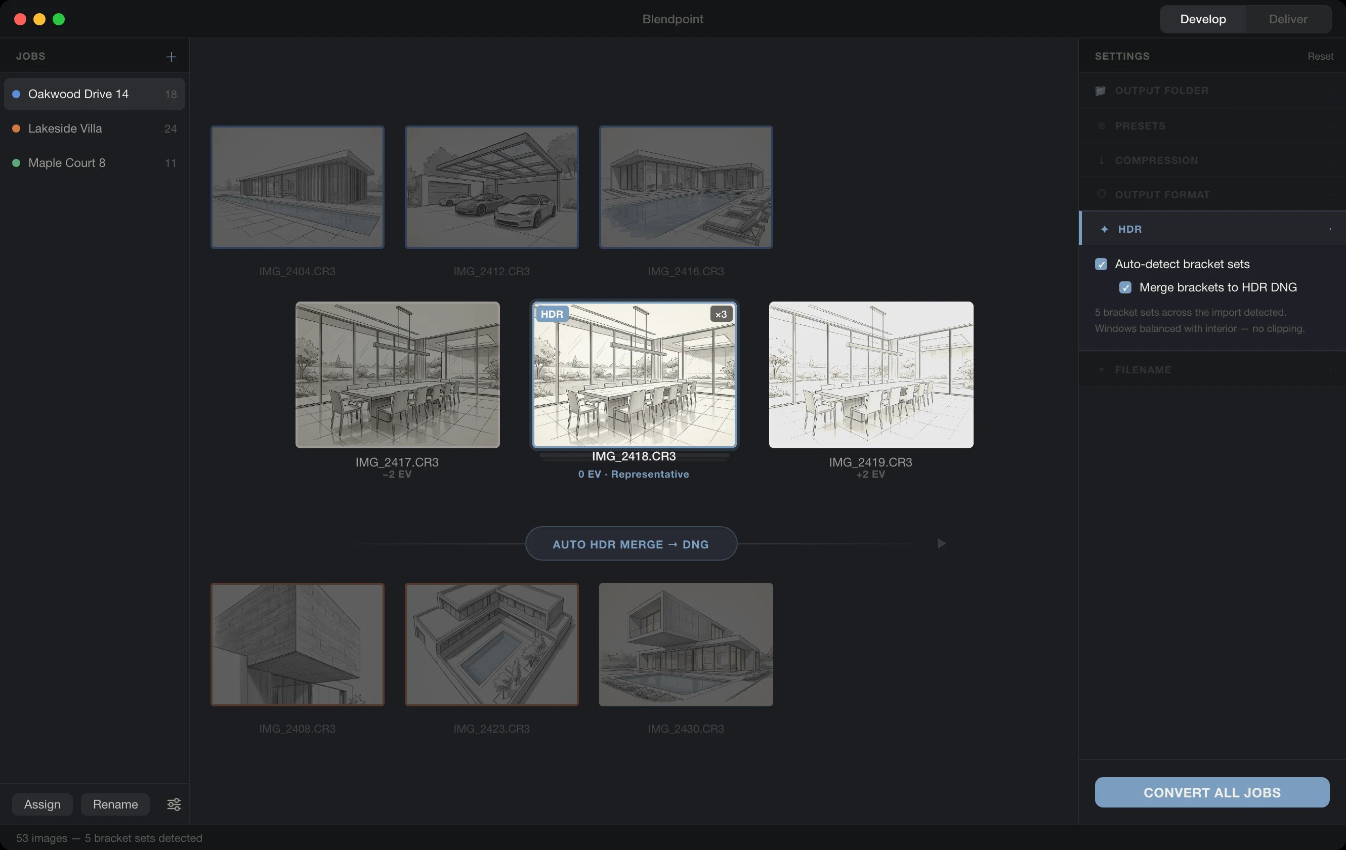 Blendpoint automatically detecting bracketed exposure sets and merging them to a single HDR DNG