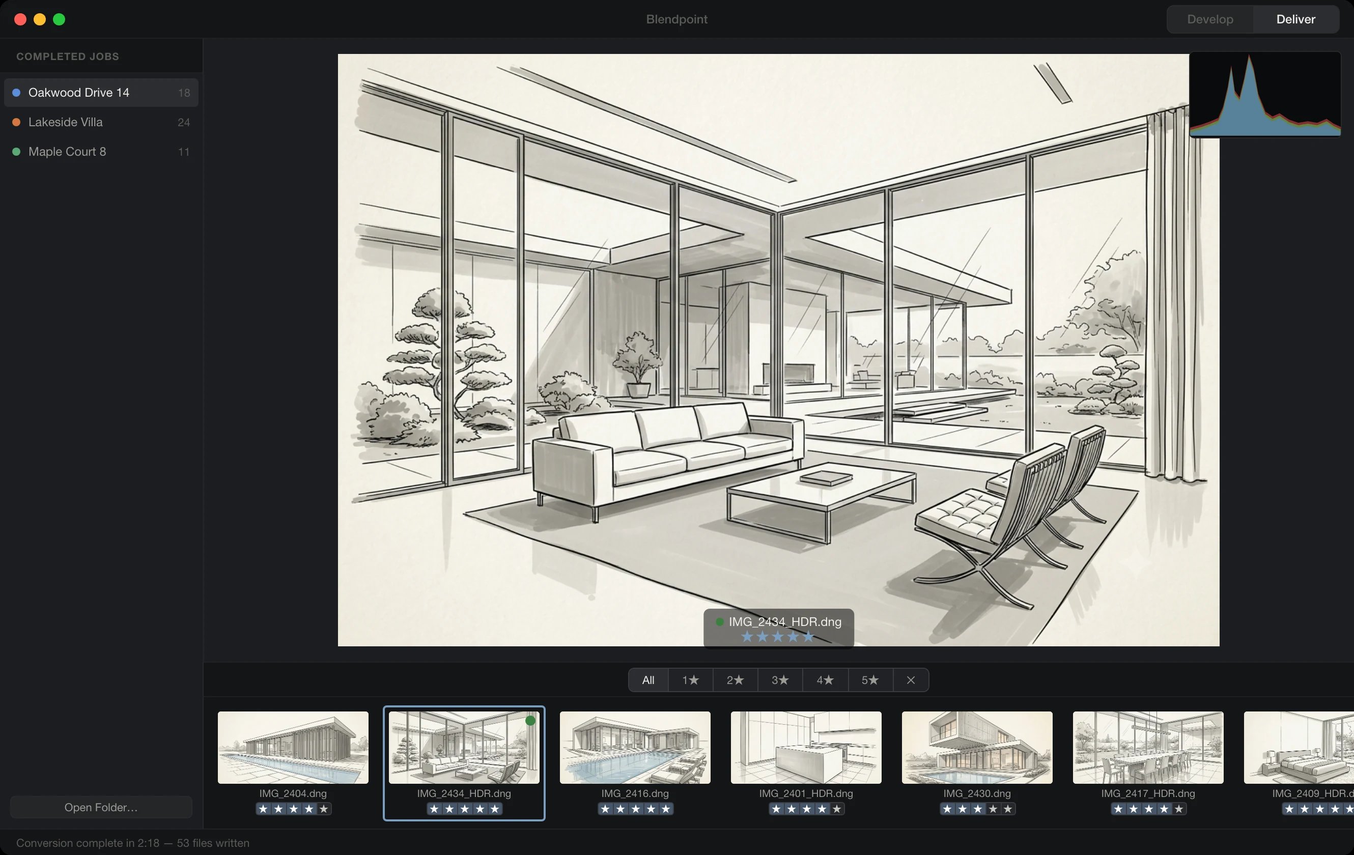 Blendpoint Deliver workspace previewing a finished HDR image with a histogram and a star-rated filmstrip