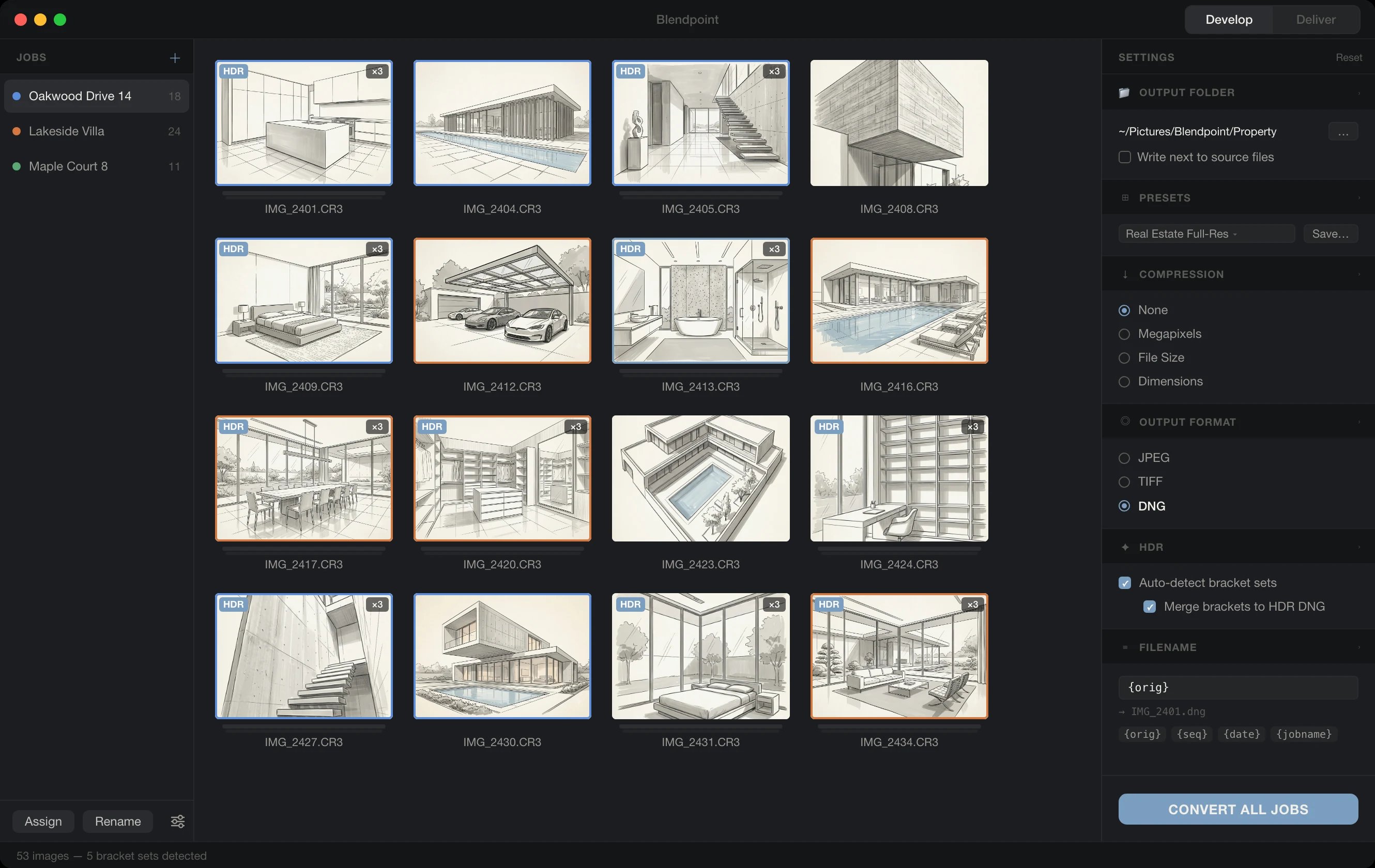 Blendpoint interface showing the Develop workspace with a grid of bracketed RAW real-estate photos and HDR export settings